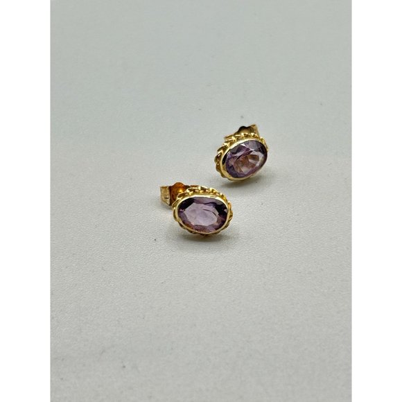 Vintage 14K Gold and Amethyst Earrings Studs Oval Bezel Sets Genuine Gemstones - Picture 7 of 9